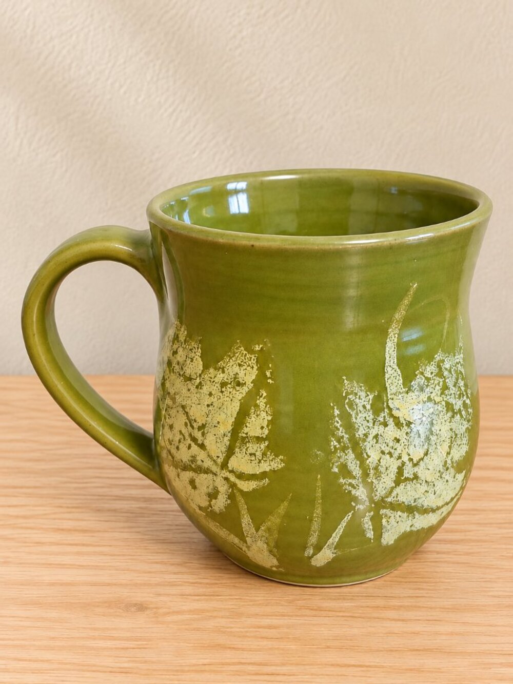Vintage Studio Art Pottery Mug Green Glazed Leaves Signed Maxwell Pottery